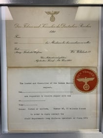RARE ORIGINAL ADOLF HITLER FORMAL INVITATION FOR SUPPER CARD WITH TRASLATION AND OFFICIAL SEAL