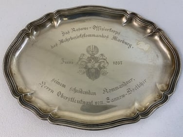THIRD REICH GERMANY LARGE SILVER DEDICATION PLATE TO A GERMAN OFFICER 1937 DATED