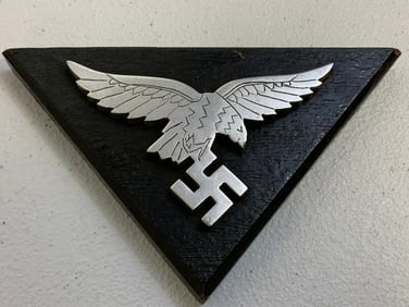 GERMANY THIRD REICH LUFTWAFFE ALUMINUM EAGLE MOUNTED ON WOOD PLAQUE