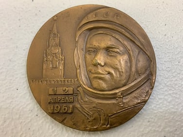 USSR GAGARIN TABLE MEDAL HEAVY BRONZE