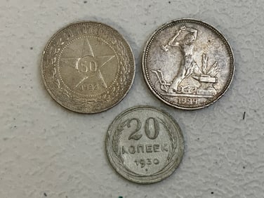 USSR EARLY SILVER COINS 1921 , 1924 , 1930