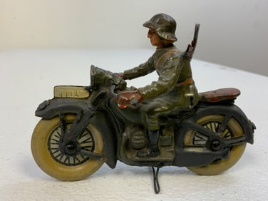 GERMAN NAZI PERIOD LINEOL / ELASTOLIN TOY SOLDIER ON MOTORCYCLE
