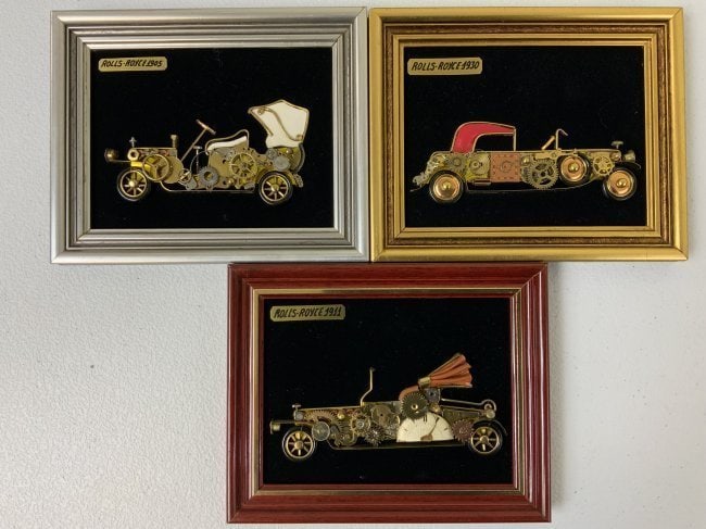ROLLS-ROYCE LOT OF 3 WALL ART FRAMED PLAQUES MADE FROM ANTIQUE WATCH PARTS: ROLLS-ROYCE LOT OF 3 DECORATING WALL ART FRAMED PLAQUES MADE FROM ANTIQUE WATCH PARTS . 7 X 6 SIZE .