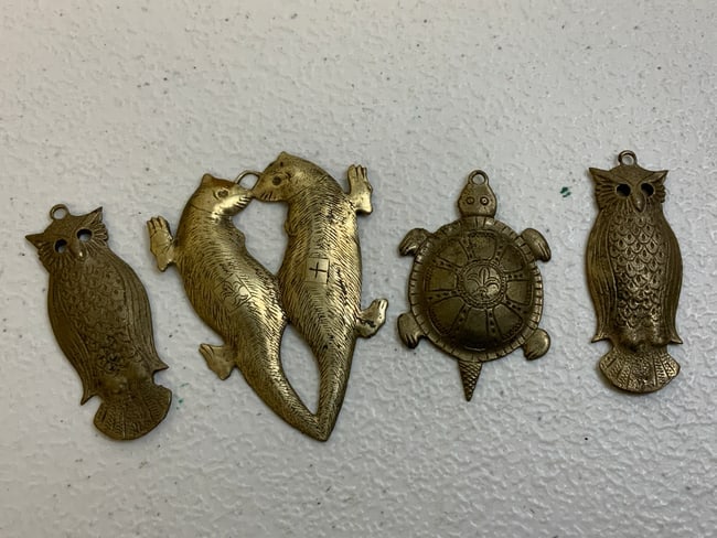 LOT OF UNIQUE BRASS DECORATING PENDANTS: LOT OF UNIQUE BRASS DECORATING PENDANTS . HANDMADE . MARKED AND DATED BY THE ARTIST .