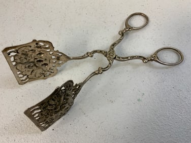 ANTIQUE SILVER SERVING TONGS . HALLMARKED