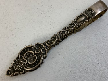 ANTIQUE SILVER SERVING TONGS WITH MONOGRAM
