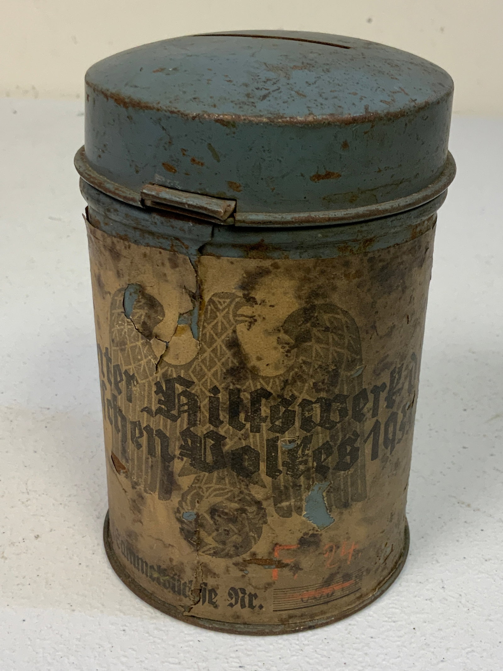 GERMANY THIRD REICH 1933-34 WINTER AID COLLECTION CAN: GERMANY THIRD REICH 1933-34 WINTER AID COLLECTION CAN . 6" TALL. 4" DIAM.