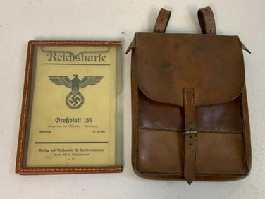 WWII GERMAN BROWN LEATHER LUFTWAFFE 1943 MAP CASE WITH MAP
