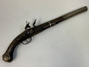 ANTIQUE EUROPEAN 18th CENTURY FLINTLOCK PISTOL SILVER DECORATED GUN