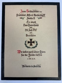 WWI IMPERIAL GERMANY LT. ALFRED NIEDERHOFF PILOT MEMORIAL KILLED IN ACTION DOCUMENT
