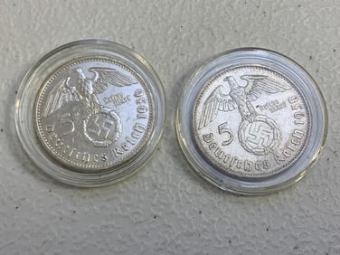 GERMANY NAZI SILVER 5 REICHSMARK COINS LOT OF 2