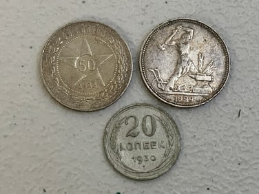 USSR EARLY SILVER COINS 1921 , 1924 , 1930