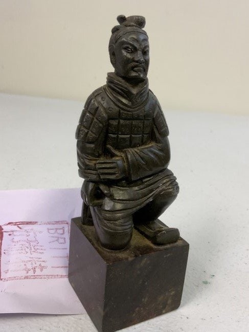 CHINESE WARRIOR CARVED SOAPSTONE FIGURINE INK SEAL STAMP: KNEELING CHINESE WARRIOR CARVED SOAPSTONE FIGURINE INK SEAL STAMP.5" TALL.