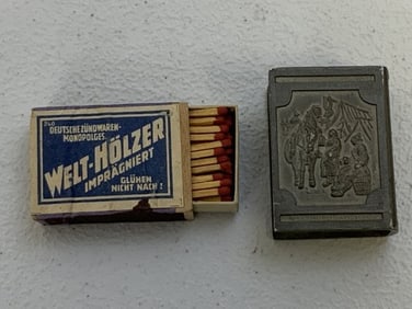 WWII GERMAN PEWTER MATCH COVER WITH BOX OF MATCHES