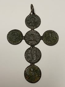 ANTIQUE LARGE CROSS MADE WITH ANCIENT BYZANTINE BRONZE 10TH-11TH C. COINS