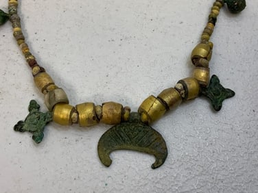 ANCIENT RUS VIKING VARANGIAN KIEVAN RUS GLASS BEAD NECKLACE WITH CHRISTIAN CROSSES AND LUNAR AMULET