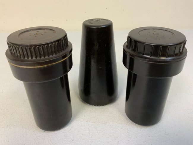 WWII GERMAN BAKELITE FUSE CONTAINER BOXES: WWII GERMAN BAKELITE FUSE CONTAINER BOXES . LOT OF 3. 1941 DATES. 5" TALL.