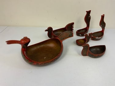 GROUP OF VINTAGE RUSSIAN KHOKHLOMA WOODEN BOWL BIRD KOVSH