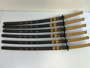 LOT OF 6 JAPANESE SAMURAI FAMILY CRESTS KAMON DECORATED DISPLAY SWORDS