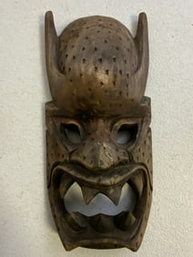 ANTIQUE JAPANESE WOODEN DEMON MASK