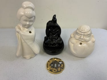 JAPANESE PORCELAIN INSENSE HOLDERS AND TSUBA