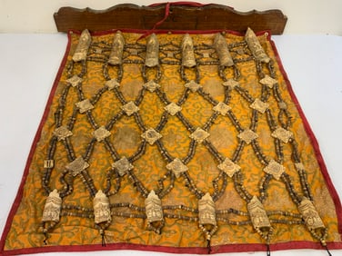 ANTIQUE MONGOLIAN NYINGMA BUDDHIST RITUAL CARVED BONE ON DECORATED SILK APRON