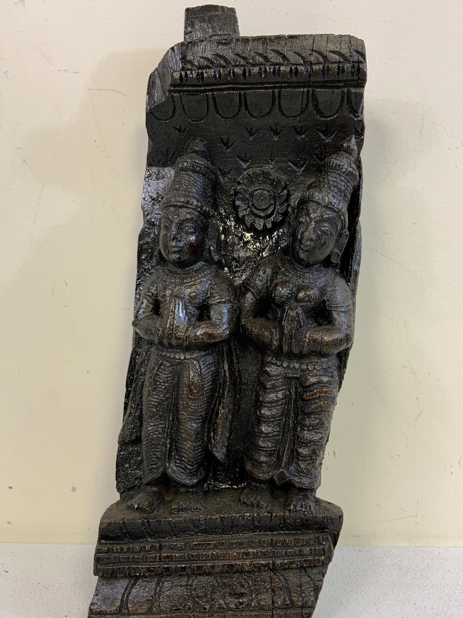 ANTIQUE HINDU ARCHITECTURAL FIGURES OF SHIVA AND PARVATI: ANTIQUE HINDU ARCHITECTURAL FIGURES OF SHIVA AND PARVATI. C. 1850 . 17" TALL. FROM DR. PAUL LYNN COLLECTION.