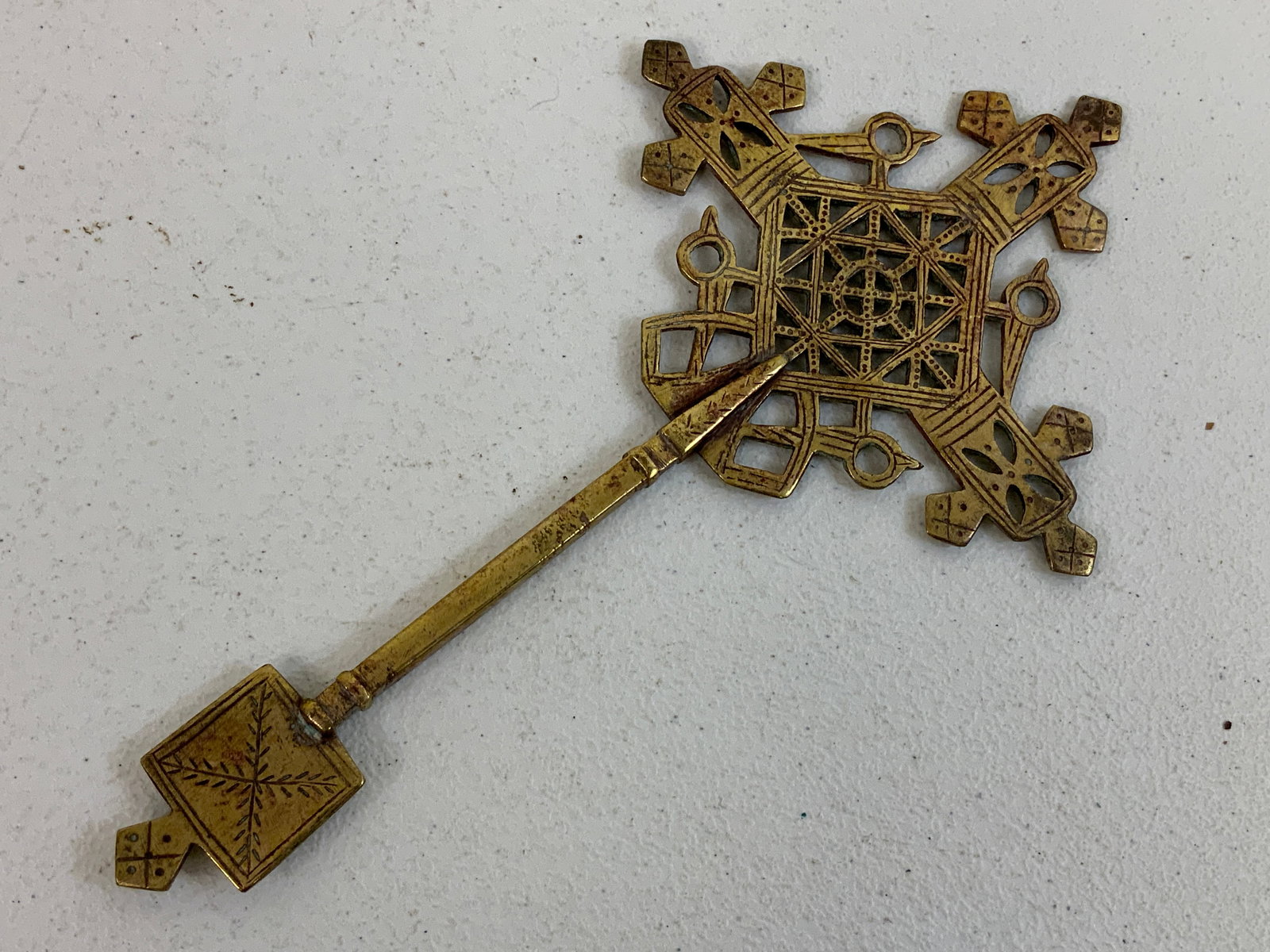 ANTIQUE ETHIOPIAN COPTIC ORTHODOX LARGE BLESSING CROSS: ANTIQUE ETHIOPIAN COPTIC CROSS.BRASS. 12" X 7" SIZE. FROM DR.PAUL D LYNN COLLECTION.