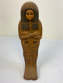 VINTAGE EGYPTIAN CARVED AND DECORATED WOOD SARCOPHAGUS