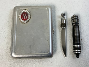 USSR CIGARETTE CASE AND SMALL KNIFE BOTTLE OPENER