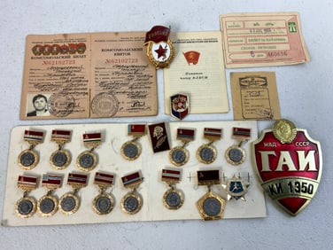 USSR LOT OF MEDALS BADGES AND PAPERS