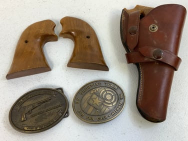 COLT SINGLE ACTION GUN GRIPS HOLSTER AND COLT BELT BUCKLE LOT