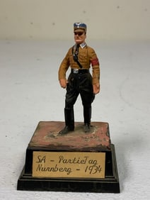 VINTAGE GERMAN SA STORM TROOPER LEAD SOLDIER FIGURE ON DISPLAY STAND .