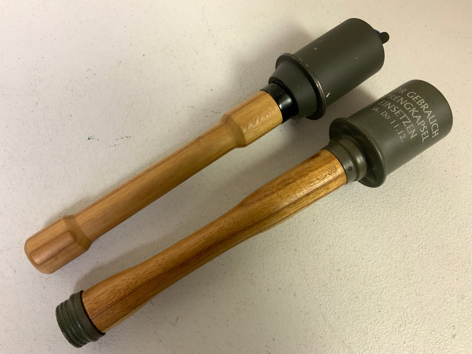 WWII GERMAN STICK GRENADES INERT REPLICA REPRODUCTIONS: WWII GERMAN STICK GRENADES INERT REPLICA REPRODUCTIONS. LOT OF 2. GREAT DISPLAY OR REENACTORS ITEMS.