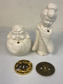 JAPANESE PORCELAIN FIGURE VASES AND SWORD TSUBAS