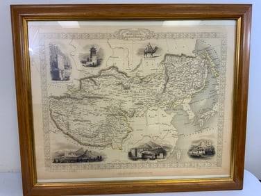 LARGE ANTIQUE FRAMED MAP OF ASIA - TIBET , MONGOLIA AND MANDCHOURIA