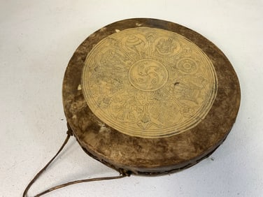 MONGOLIA BUDDHIST 8 SYMBOLS DECORATED DRUM