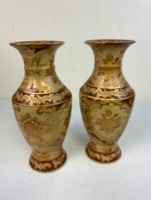 CHINA PORCELAIN SATSUMA STYLE VASES HAND PAINTED GOLD GRANULATED TEXTURED