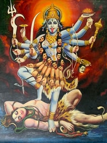 OIL ON CANVAS HINDU GODDESS KALI STANDING ON SHIVA