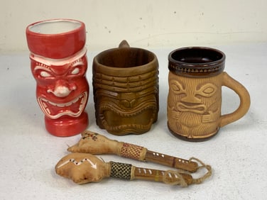 HAWAIIAN STYLE TIKI CUPS AND NATURAL ROWHIDE MARACAS