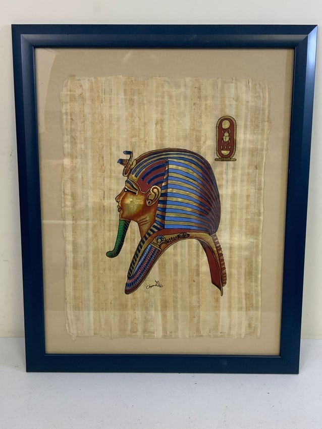 VINTAGE EGYPTIAN HAND PAINTED KING TUTANKHAMUN PAINTING ON PAPYRUS FRAMED: VINTAGE EGYPTIAN HAND PAINTED KING TUTANKHAMUN PAINTING ON PAPYRUS. FRAMED IN 22" X 18" FRAME..BEAUTIFUL PIECE AND GREAT DECORATOR. FROM DR. PAUL D WYNN COLLECTION .