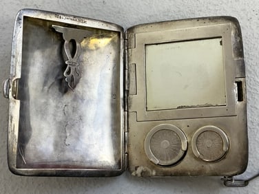 ANTIQUE STERLING SILVER LADIES CIGARETTE CASE WITH MIRROR AND COIN HOLDER
