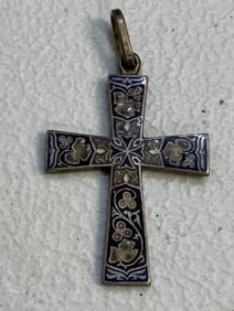 SILVER AND ENAMELS CROSS WITH CYRILLIC MARKING