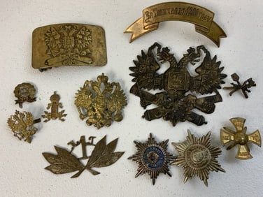 LARGE LOT IMPERIAL RUSSIAN HEADGEAR COCKADES INSIGNIA AND BUCKLE