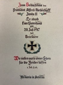 WWI IMPERIAL GERMANY LT. ALFRED NIEDERHOFF PILOT MEMORIAL KILLED IN ACTION DOCUMENT