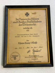 WWII GERMAN IRON CROSS AWARD DOCUMENT TO SS OFFICER FRAMED