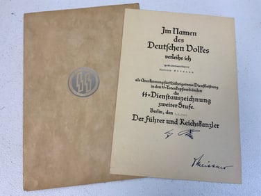 WWII GERMAN SS OFFICER LONG SERVICE AWARD DOCUMENT WITH FOLDER