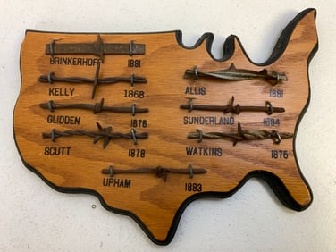 ANTIQUE AMERICAN BARBED WIRES EXAMPLES MOUNTED ON WOODEN PLAQUE