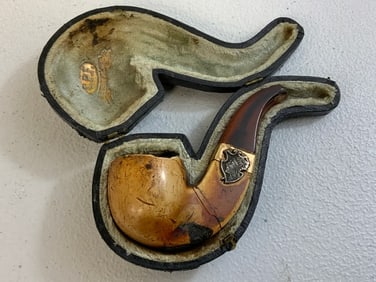 ANTIQUE MEERSCHAUM AND AMBER GOLD AND SILVER DECORATED SMOKING TOBACCO PIPE