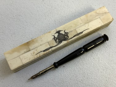 ANTIQUE FOUNTAIN DIP INK NIB WRITING PEN IN BONE INLAYD CASE